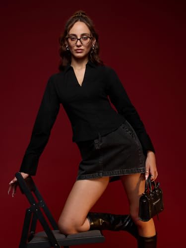 Image of The Souled Store Corset Shirt: Onyx Women and Girls Long Sleeves Collared Neck Button Front Fitted Shirts