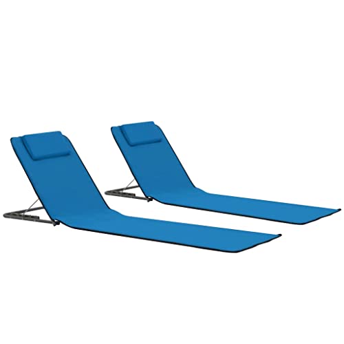 Bendmaxx Esterilla de playa plegable 2 piezas acero y tela azul con respaldo ajustable y reposacabezas para playa, camping, terraza, relajarse y tomar el sol