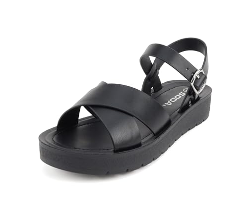 Image of Soda CHESTER ~ Women Flat Sandals Flatform Ankle Buckle Criss Cross Band Straps Sandals Shoes (Gold Raffia, 5.5)
