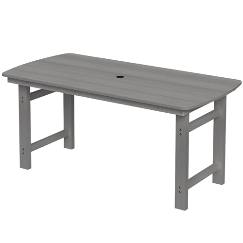 Image of Outdoor Rectangle Dining Table, Heavy-Duty HDPE Table for 6, Weatherproof Patio Table with Umbrella Hole, Rounded Corners for Safety, Grey