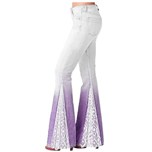 Womens Vintage Flare Denim Pant Trendy Gradient Lace Splicing Bell Bottom Jeans Curvy Slim Butt Lifting Skinny Jeans