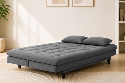 Image of Los Angeles Modern Convertible Futon Sofa Bed, Tufted Upholstered Folding Couch with Adjustable Backrest, Space Saving Sleeper Sofa for Living Room, Apartment, Office, Dorm & Guest Room - Grey