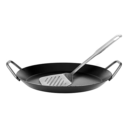 GRÄWE Schmiedeeiserne Servierpfanne F 400, Ø 32 cm, Eisenpfanne mit Griffen, 400° C hitzebeständig, Pfanne aus Eisen, kratzfeste Bratpfanne, unbeschichtet, induktionsgeeignet, mit Wender