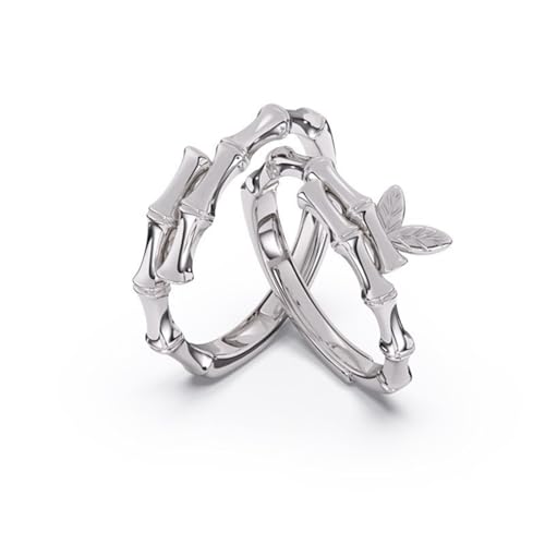 Alliance Argent 925 Couple Réglable : Bague de Mariage Ajustable Motif Bambou Duo
