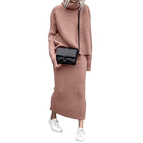 Image of chouyatou Women's Turtleneck 2 Piece Outfits Ribbed Knit Sweater Midi Pencil Skirt Set