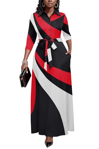 Image of Rumwind Maxi Dresses for Women, 3 /4 Sleeve Shirt Collar Casual Afircan Print Church Dress Button Down with Belt and Pockets