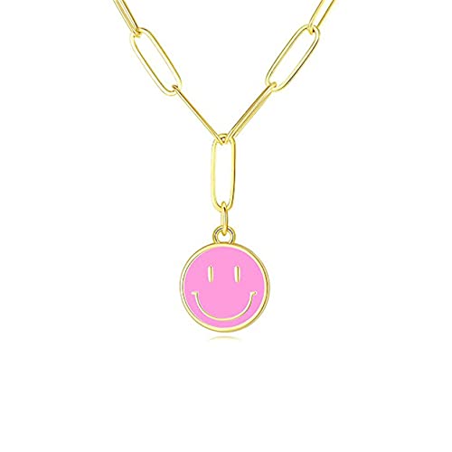 QEPOL Smiley-Halsketten, 14 Karat vergoldet, Büroklammerkette niedliche runde Lächeln-Halskette Emaille, Happy Face Halskette Preppy Halskette für Mädchen Preppy Schmuck Accessoires (Dunkelpink) Cover