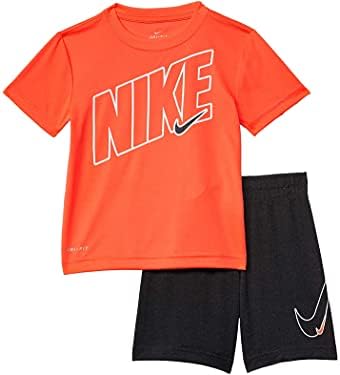 Nike Little Boys Dri-FIT Graphic Tee & Shorts 2 Piece Set (Black Heather(86H589-K08)/Pink, 7, 7_Years)