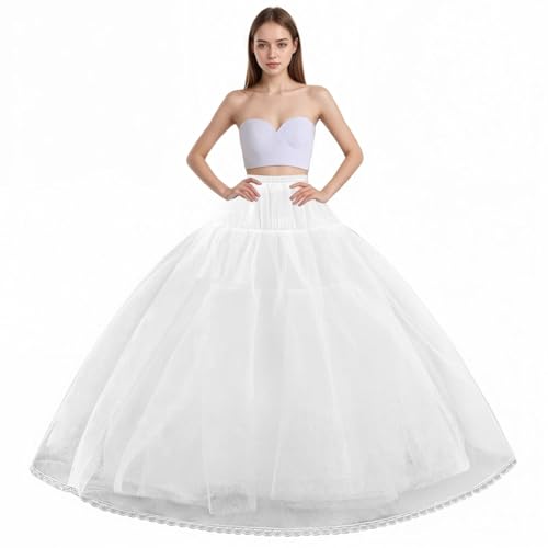 Women's 8 Layer Tulle Hoopless Petticoat Skirt with Lace Trim A-Line Long Crinoline Underskirt Slip for Bridal Ball Gown Wedding Dresses
