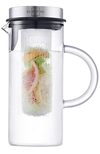SILBERTHAL Carafe en Verre Avec Filtre Infusion Amovible - 1 Litre - Pichet Avec Couvercle Inox - Idéal Detox Et Charbon Actif