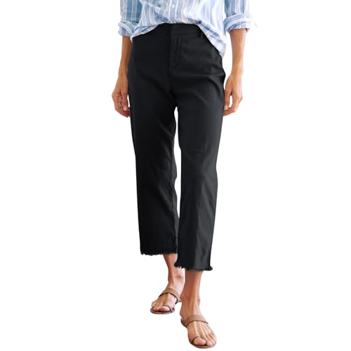 Wide Leg Dress Pants for Women Frayed Hem Elastic High Waisted Linen Pants Casual Summer Cropped Pants with Pockets