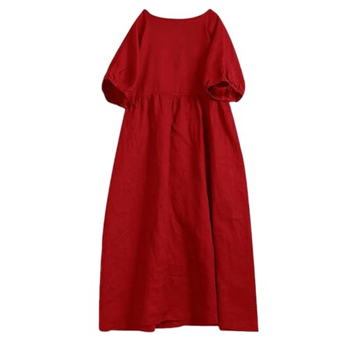 XXCCADSD Sommerkleid Damen Frauen Leinenkleid Lässige Runde Hals Taille Kleid Kurzarm Midi A-line-Kleid Mit Taschen-groß Rot-m