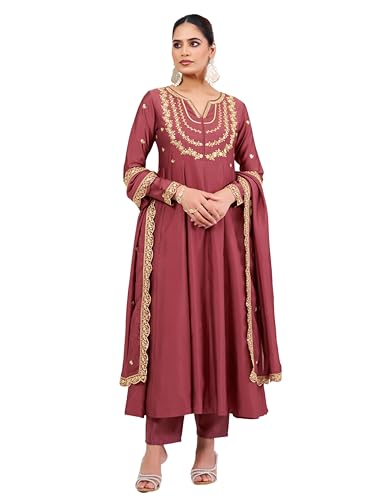 Image of MOKOSH Women's Silk Embroidery Anarkali Kurta Pant with Dupatta | Women's Anarkali Kurta Set | 3 Piece Ethnic Outfit with Dupatta | Round Neck Full Sleeve