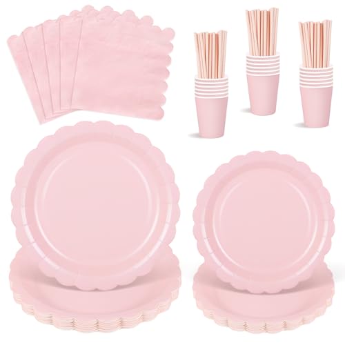 125 Pcs Pink Paper Plates and Napkins Light Pink Party Supplies Include Scalloped Plate Napkins Cups Paper Straws for Baby Shower Wedding Birthday