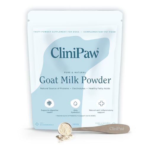 CliniPaw Goat Milk Powder for Dogs 180g | Natural & Low-Lactose for Easy Digestion | Supports Dog Hydration Immunity & Skin Health | Probiotics Powder For Dogs Tasty Meal Topper | Up to 60 Servings