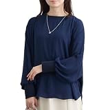[evene] レディース ブラウス ジョーゼット クルーネック 長袖 プルオーバー ドルマンスリーブ オフィスカジュアル M～3L ゆったり春 夏 秋 ロングシーズン(ネイビー,M)