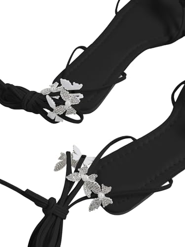 Image of GORGLITTER Women's Sparkly Butterfly Lace Up Flat Sandals Criss Cross Strappy Tie Up Slide Sandals Black 7.5