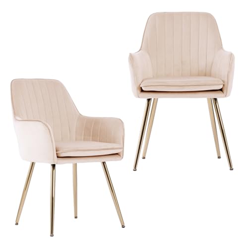 Image of Velvet Dining Chair Set of 2 - Modern Mid-Back Accent Chair with Gold Plating Legs - Upholstered Living Room Chair (Velvet Beige, Set of 2)