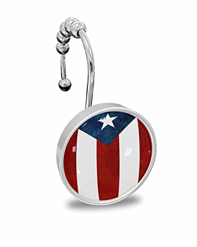 Shower Curtain Hooks,Stainless Steel Shower Curtain Rings with Puerto Rico Flag Crystal Glass Design Rust-Resistant Decorative Shower Curtain Hooks for Bathroom 12PCS