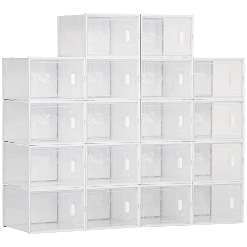 HOMCOM Cajas de Zapatos de Plástico Juego de 18 Organizadores de Almacenamiento para Zapatos de Talla 45 Caja Zapatero Apilable con Puertas Magnéticas para Aromas para Entrada Pasillo Transparente