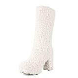 SHEMEE Mid Calf Fluffy Furry Boots for Women Chunky High Heels Fur Boot Cute Winter Warm Fuzzy Platform Heeled Boots White US 7