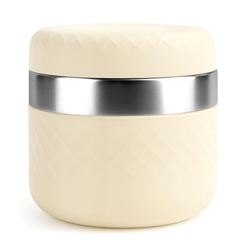 Image of 24 oz Insulated Food Jar, Stainless Steel Lunch Container, Cream | 18 /8 Stainless Steel, Leakproof Lid, Wide Mouth, Silicone Sleeve, Measurement Marks, Hot & Cold Food, Soup, Dishwasher Safe