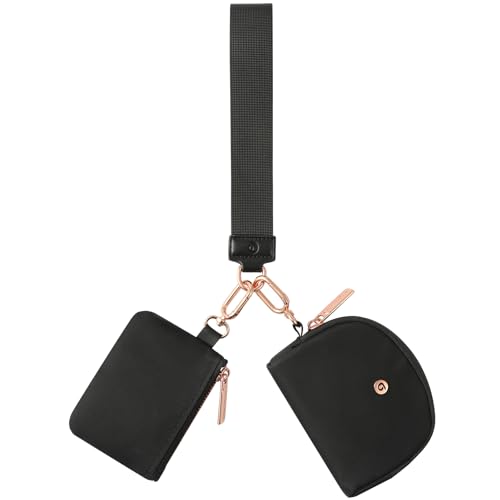 Image of Keychain Wallet Mini Zip Around Wristlet Wallets for Women Detachable Dual Pouch Wristlet Portable Coin Purse Small Wallets With RFID Blocking (Black & Rose Gold Hardware)