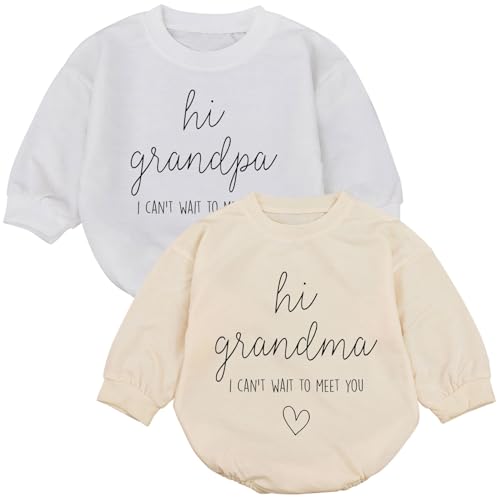 2Pcs Hi Grandma & Grandpa I Can't Wait To Meet You Grandparents Baby Announcement Romper, Baby Surprise Announcement (0-3 Months)