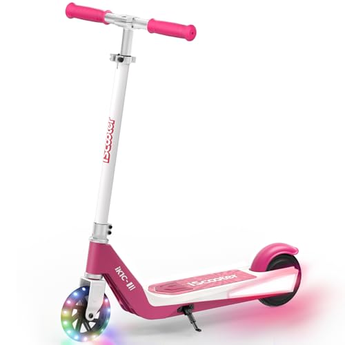 iScooter IK3/IK3Pro Electric Scooter for Kids Aged 6-12,10MPH Top Speed, 3 Heights (IK3Pro), Magnetic Charging,Colorful Lights,LED Display,150W Pink IK1C-3 Heights& 4/6MPH