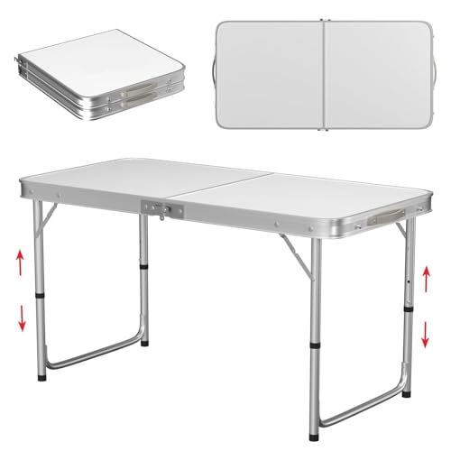 4ft Folding Table 3 Adjustable Heights Camping Table (55/62/70 cm) Aluminum Trestle Table with Load Capacity of 50kg Portable Picnic Table with Carrying Handle Perfect for Indoor and Outdoor Use