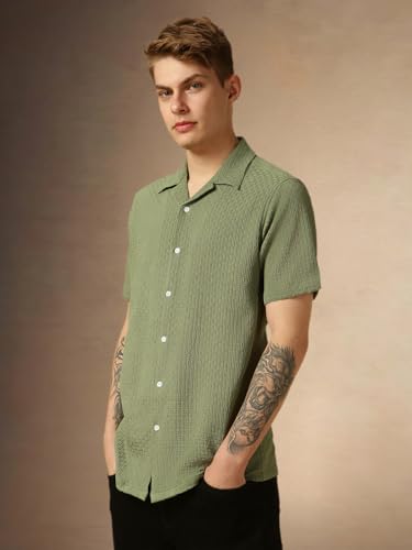 Image of Dennis Lingo Men's Half Sleeve Cuban Collar Solid Textured Relaxed Fit Casual Shirt