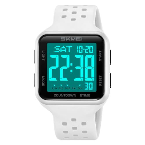 SKMEI Montre de sport numérique pour homme - Montre multifonction militaire pour femmes avec alarme étanche, double fuseau horaire, chronomètre, Blanc et...