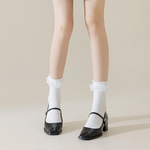 BIVOLU Womens Crew Socks Lace Ruffle Frilly Cotton Cute Princess Ankle Dress Socks for Girl 4 Pack3