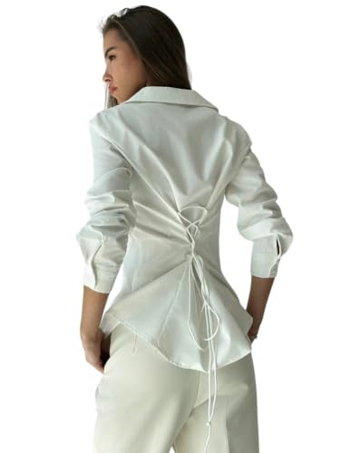 Image of OOMPH! Women Solid Cotton Shirt with Back Tie-Up Detail | Corset Style | Cinched Waist Shirt | Cotton Formal Shirt