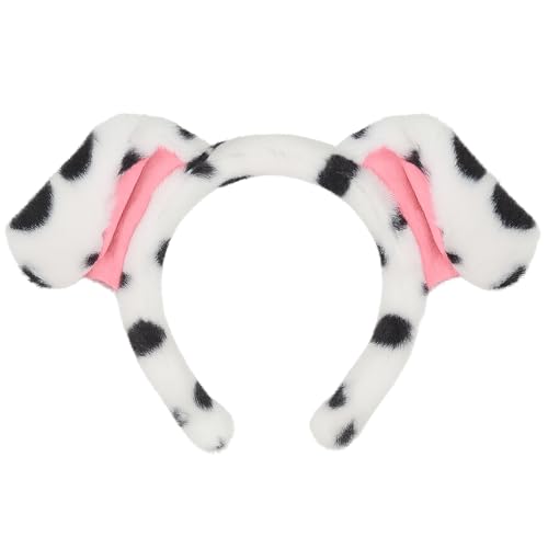 Broeify Dalmatian Dog Ear Headband for Kids Adults Plush Black and White Spotted Puppy Costume Accessory with Pink Inner Ears for Halloween Animal Cosplay School Plays and Dress-Up Parties