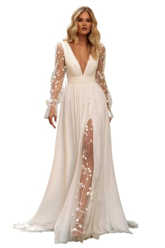 Lace Long Sleeve Wedding Dresses for Bride Long Chiffon A-Line Bridal Dresses Modest White Wedding Gowns for Women Formal 10