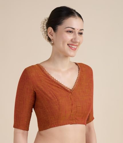 Image of Studio Shringaar Women's Handloom Cotton Side Stretchable (Smocked) Readymade Saree Blouse with Crochet Neckline