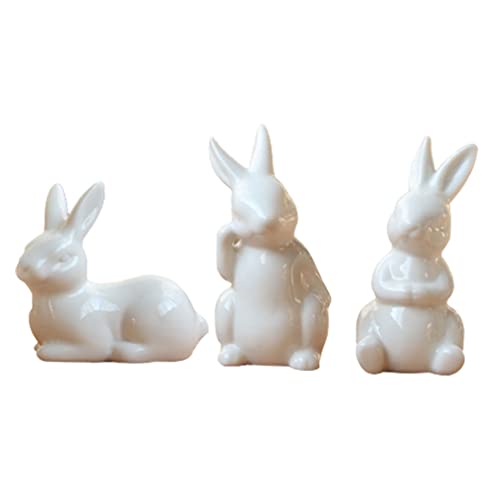 Happyyami Ceramic Rabbit Ornaments 3Pcs Mini White Bunny Figurines for Home Decoration Easter Tabletop Accents