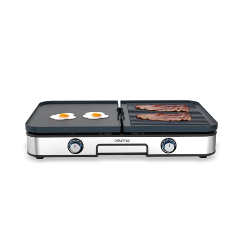 Image of Gourmia 3-in-1 Indoor Grill & Griddle Electric Combo – Dual Independent Cooking Zones, Reversible Nonstick Ceramic Plates, XL Cooking Surface, 250–400°F Adjustable Temp, Dishwasher Safe