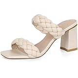 Athlefit Women's Braided Heeled Sandals Summer Square Open Toe Heels Slip On Block Heels Beige Size 8