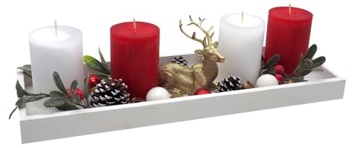 ZauberDeko Adventsgesteck Weihnachten Deko Tablett Holz Weiß Kerzen Rot...
