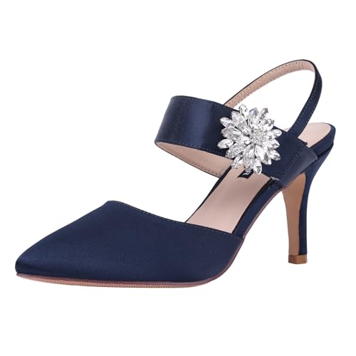 Image of ERIJUNOR Mid Heel Shoes for Women Pointed Toe Slingback Rhinestone Brooch Satin Dress Pumps Evening Prom Wedding Shoes