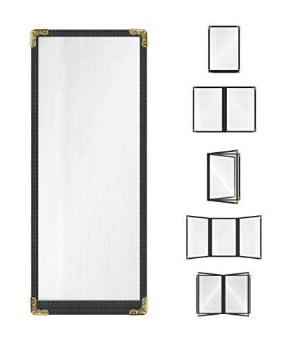 Goodsmart Restaurant Menu Covers - Black, 25 Pack, 4.25" x 11", 1-Page/2-View, Top-Loading Vinyl Menu Holders with Clear Sleeves, Double-Stitched Edge, Leather-Style Café Covers with Gold Corners