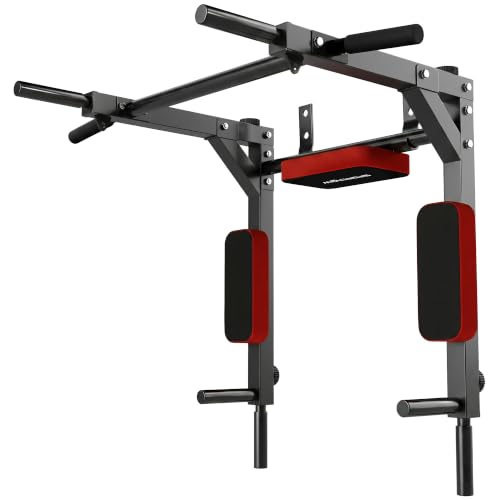 SPORTNOW Barre de Traction Murale 2-en-1 et Station à Dips – Acier, Poignées Antidérapantes, Coussins Coude et Dos, Charge 200 kg, Rouge