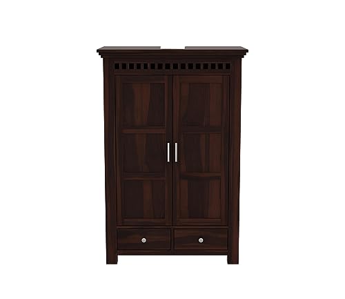 Image of Sheesham Wood Wooden 2 Door Wardrobe Organizer for Clothes | - Solid Wood Almirah with 2 Drawers, 2 Shelves - with Hanging Space Cupboard for Large Bedroom (Design 7)