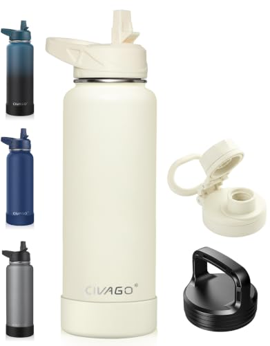 Image of CIVAGO 40 oz Insulated Stainless Steel Water Bottle With Straw and 3 Lids