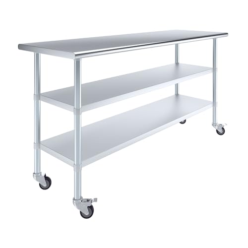 Image of AmGood Stainless Steel Work Table with 2 Shelves and Casters | Metal Utility Table On Wheels (Stainless Steel Work Table with 2 Shelves + Casters, 72 inch Long x 24 inch Deep)