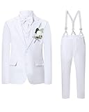 DISAUR White Boys Formal Outfit Boys Dress Clothes for Award Ceremonies 7 Pcs Including Jacket, Pants, Shirt, Vest, Corsage, Suspender and Bow Tie for 9-10 Years