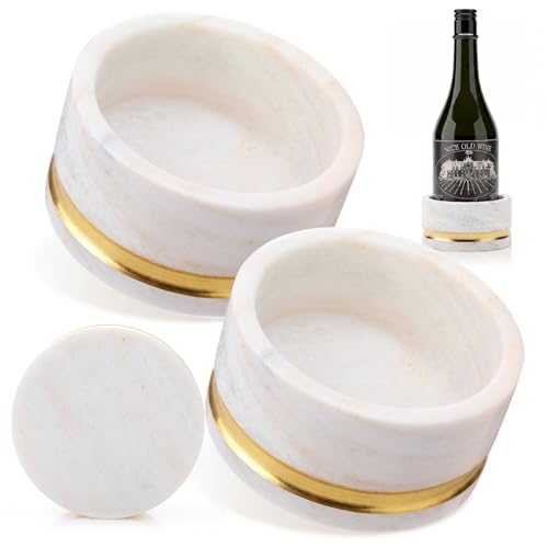 RimCereal 2 Pcs Marble Wine Bottle Coasters White Marble Bottle Holder with Gold Powder 4.53 inch Coaster Stand for Kitchen Counter Home Bar Decor
