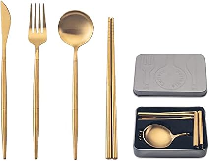 Amazon Cesa Beams ポータブル 携帯用カトラリー キャンプ アウトドア レジャー オリジナル4本 収納箱１個 カトラリー カトラリーセット カトラリーゴールド おしゃれ ゴールド 北欧 スプーン フォーク ナイフ つなぎ箸 キャンプ ステンレス 折畳式 収納 携帯簡易 便利